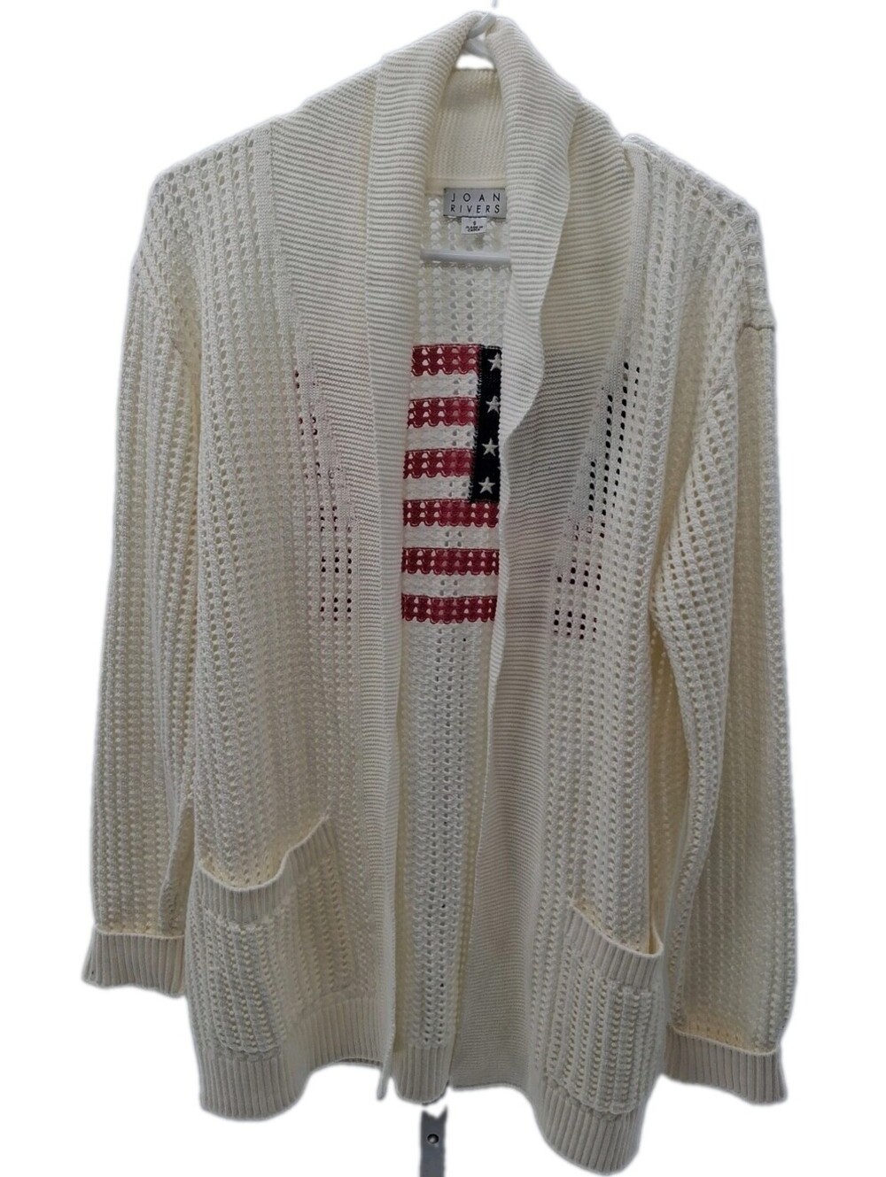Joan Rivers Cardigan Womens Small Cream Open-Front Knit Sweater Usa Flag Pocket